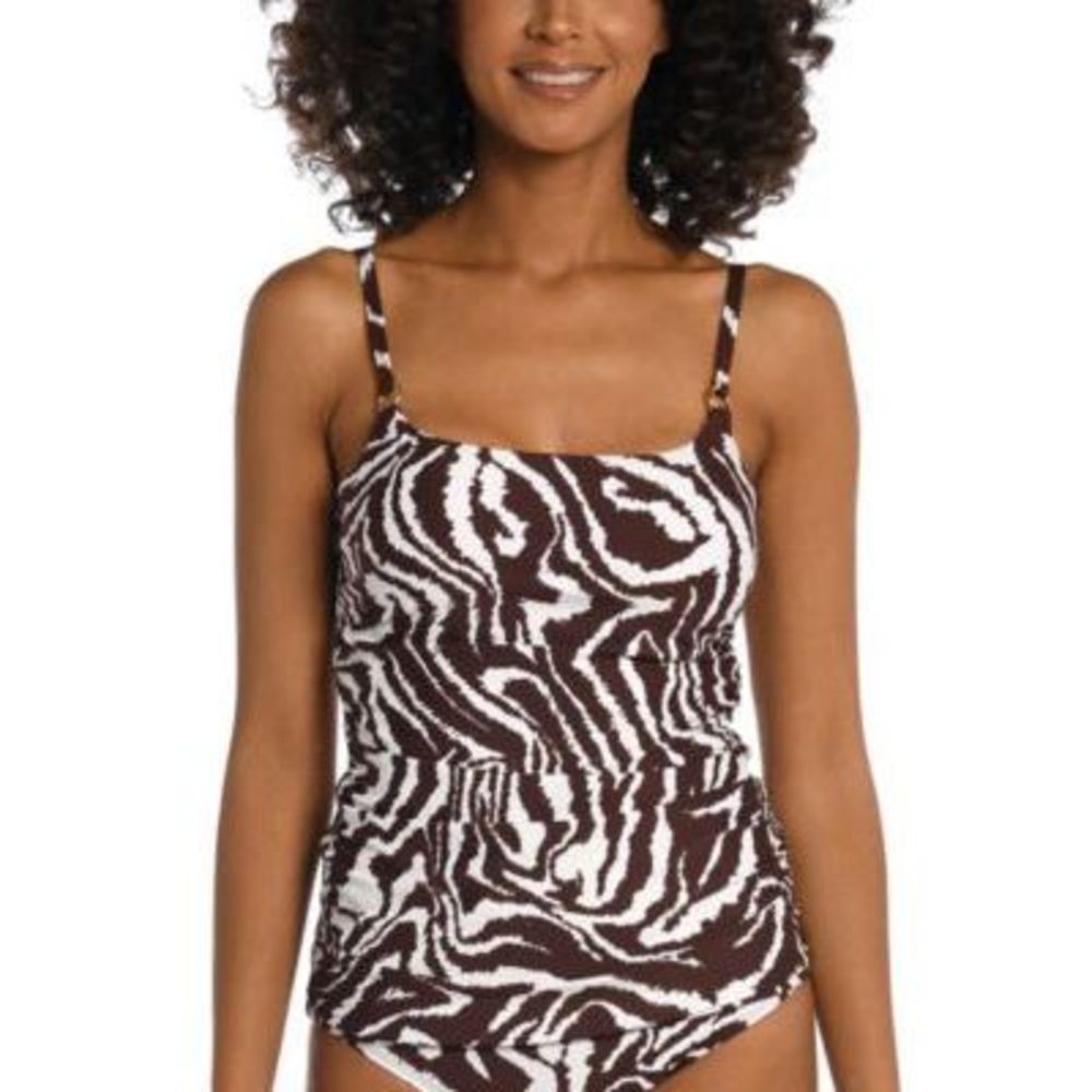 NWT La Blanca Fierce Lines Side-Shirred Tankini Top Brown & White 6